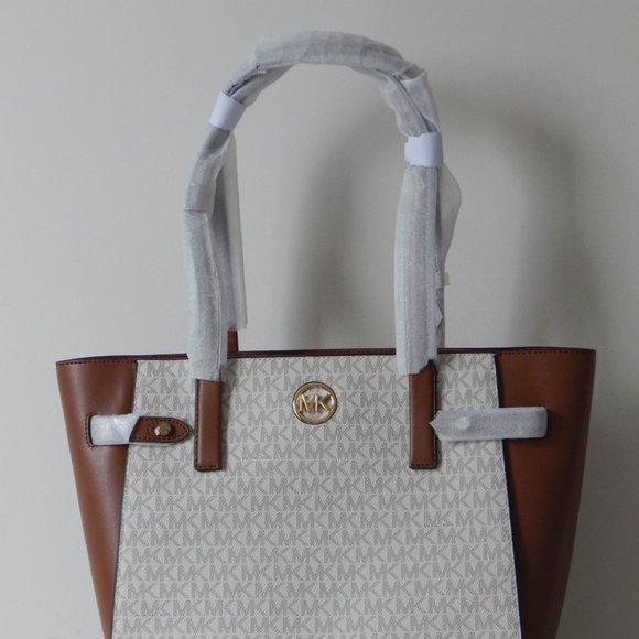 NWT MICHAEL KORS CARMEN MK Monogram LARGE TZ VANILLA BROWN Tote Shoulder Bag… - Picture 3 of 9